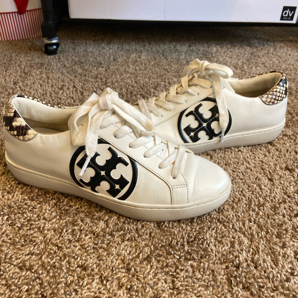 Tory Burch Cream and Black Logo Sneakers with snake skin trim